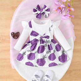 Robes de fille Focusnorm 3 couleurs automne bébé filles belle robe 0-24M volants manches longues nœud avant imprimé floral a-ligne avec bandeau