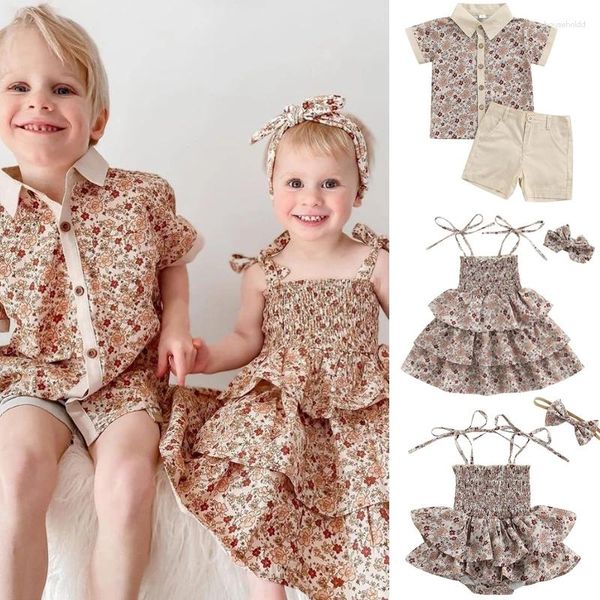 Robes de fille FOCUSNORM Soeur Frère Bébé Filles Garçons Vêtements Ensembles 0-5Y Fleurs Imprimé Chemises Shorts Ou Volants Robe D'été/Barboteuse Sans Manches