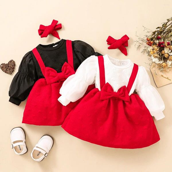 FOCUSNORM – robe de princesse pour petites filles de 0 à 3 ans, manches longues bouffantes, Patchwork, nœud papillon, ligne a, pour la saint-valentin