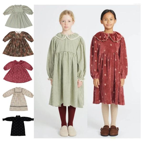 Vestidos de niña para niñas 2023 Otoño Invierno vestido de manga larga terciopelo bordado pesado falda Floral de seda dorada para niños