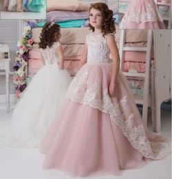 Meisje jurken formeel mooie witte en roze bloemenmeisjes voor bruiloften mooie prinses jurk gezwollen tule optocht verjaardagsjurk