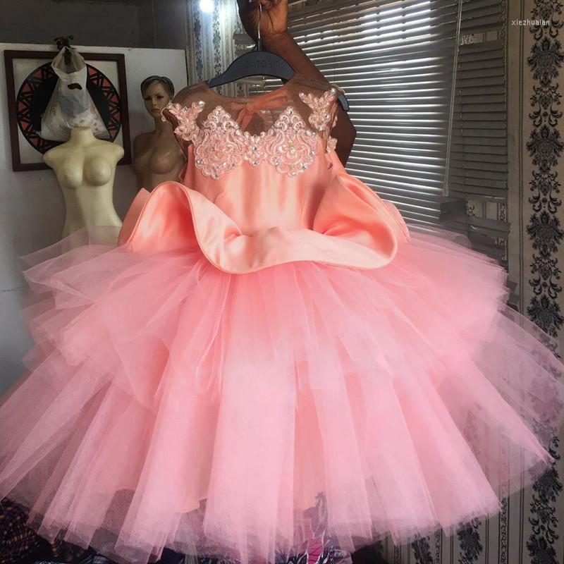 Vestidos de niña Formal para niños Water Melon Lace Beaded Flower Sheer Neck Little Wedding Child Pageant Birthday Ball Gowns