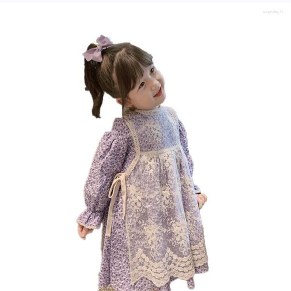 Robes de fille formelles à manches longues, robe en coton à fleurs violet clair et tablier en dentelle, vêtements de Cosplay pour fête d'anniversaire et mariage
