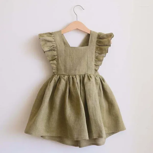 Vestidos de niña Francia Infantil Bebé Niñas Vestido de algodón Lino Muselina Sin mangas Decoración de volantes Ropa de moda Cuello cuadrado Niña