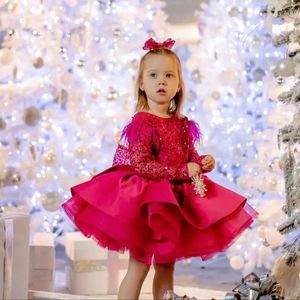 Robes de fille Fuschia robe de bal fleur luxe paillettes plumes enfants robes d'anniversaire gonflé à plusieurs niveaux petite pographie