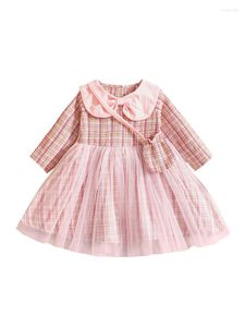 Robes de fille Ensemble de robe rose pour bébés filles, imprimé à carreaux, 2 pièces, manches longues, col de poupée, tulle, sac à bandoulière en treillis, tenues pour filles