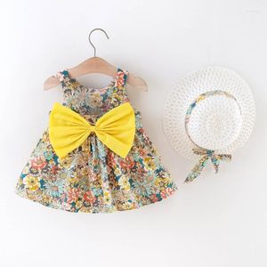 Girl Dresses Girl's Bowknot Floral Gedrukte Suspenders Princess Dress Hoed Set Infant Baby Girls 6m-3y Mouwloos Beachwear Party Chinggirl's