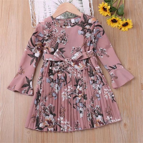 Vestidos de niña Vestido casual para niña Verano Cuello redondo Mangas largas Estampado floral fluido Liso Oscuro para niños pequeños Niños de dos piezas