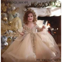 Vestidos de niña Champán Champagne Ball Gown Girls Pageve de mangas largas Pearls Aplique Aplique Princess Tulle Tulle Flower Flower 522 7B9