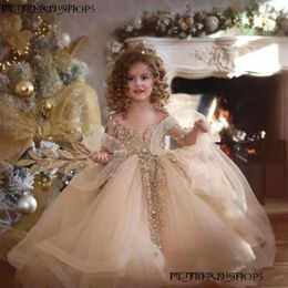 Girl Dobs Girl's Champagne Ball Robes Girls Pageant Manches longues Perles dentelle Applique Princesse Tulle Puffy Kids Flower Birthday 567 9D3 A45
