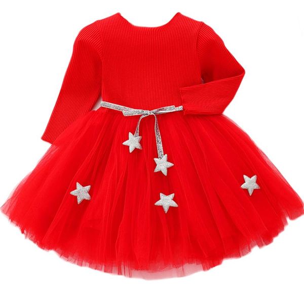 Vestidos de niña, suéteres navideños para niñas, vestido de estrella bonita de manga larga para niños pequeños, princesa roja de 1 a 5 años, ropa para niños de otoño e invierno