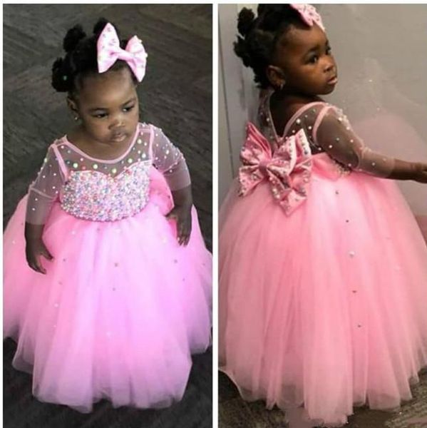 Robes de fille fille mignonne bébé filles anniversaire perles perles haut tulle gonflé à manches longues petite princesse robe de soirée occasion spéciale