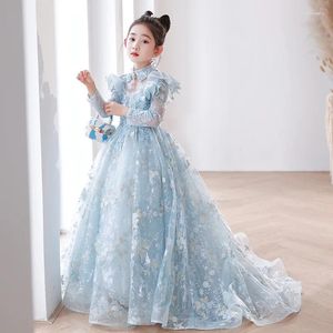 Robes de fille robe de fille petite queue modèle défilé de mode fleur garçon hôte Piano Performance princesse robe de bal bleue