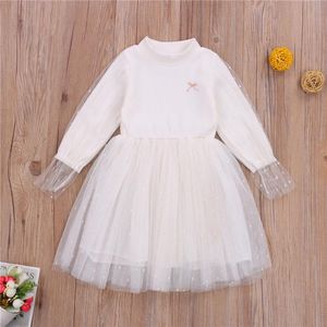 Girl Dresses Girl's Fashion Toddler Kid Princess Lace Jurk Turtleneck Laag met lange mouwen Mesh Solid Color Gown Formele 1-6y