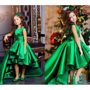 Vestidos de niña Niñas de flores para boda Esmeralda Verde Tafetán Pageant O Cuello Fiesta para niños 2023 Alto Bajo NiñasNiñas