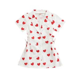 Robes de fille Robe chemise d'été pour filles pour fille Amour Coeur Imprimé Revers Manches courtes Bandage Boutonné Pièce Pour Enfants Blanc Rouge