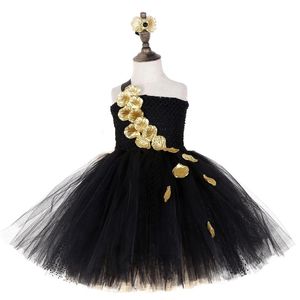 Vestidos de niña Vestido de tutú negro dorado para niña y diadema Flores de fantasía elegantes Desfile de bodas para niños Cumpleaños Piano Realizar Po Prop