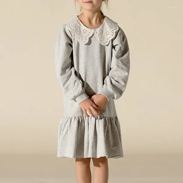 Vestidos para niña, vestido suéter de algodón con solapa de encaje para niña, estilo universitario de otoño 2023, bonito dobladillo con volantes, plisado, manga larga para niños