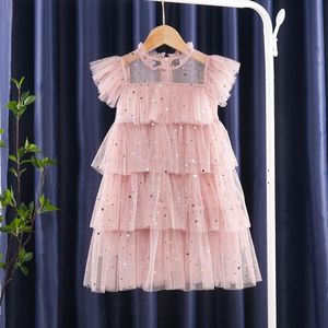 Girl Dresses Girl's Lace Princess Dress For Girls Summer Short Sleeve Ruche Up Kids Children Star Pargin Tule Lagen Wedding Party kostuum