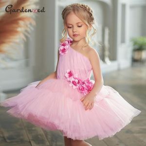 Meisjesjurken Girl's lagen roze babyjurk een schouderbloem tule puffy voor meisjes kinderen eerste communie verjaardag jurk