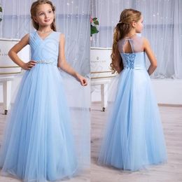 Girl Dresses Girl's Little V Neck Flower Girls For Special Banquet 2023 Pleats kralen Sash veter omhoog Back First Communion Toddler Party -jurken