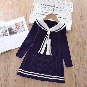 Girl Dresses Girl's Preppy Autumn Winter Girls Princess Kinderkinderen Kinderen Baby Geknitkleding Jurk Kniteld Vintage Vestidos met lange mouwen ADK606