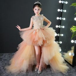 Girl Dresses Girl's Princess Dress Champagne Applique afneembare treinbloem voor bruiloft Hollow Kid Party Communion Dressgirl's