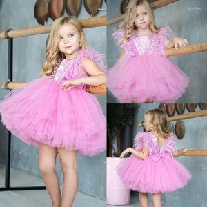 Fille Robes Fille Puffy Plumes Princesse Robe Perles Enfants Anniversaire Robe De Bal Fête De Noël Robe De Festa CasamentoGirl's