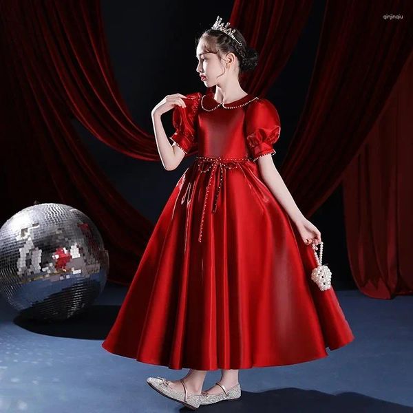 Girl Dress Girl's Red Birthday Princess Dress Child's Host Host Fleur Satin Piano Performance