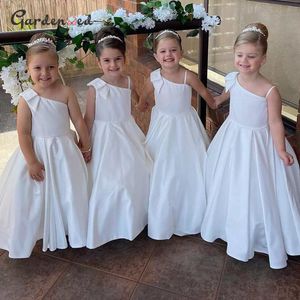 Girl Dresses Girl's White Flower Dress Bow A-Line One Shoulder For Girls Cute Little Wedding Party First Communion-jurk