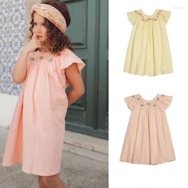 Vestidos de niña, verano 2023, flores bordadas, moda de algodón para niños, lindas niñas, falda larga, ropa