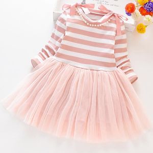 Girl Dresses Girls 'Baby Stripe Mozaïsch Maasjurk met lange mouwen 2023 Autumn Little Sweet Pattern Nail Bead Kids Girls