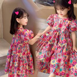 Girl Dresses Girls 'Floral Dress Short Sleeve 2023 Summer Girls Koreaanse losse casual kindermodieuze prinses Baby