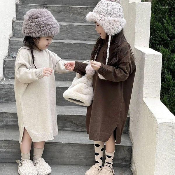 Vestidos para niña, vestido de lana de edición coreana de otoño e invierno para niña, prendas de punto holgadas largas con capucha para niña 6-47