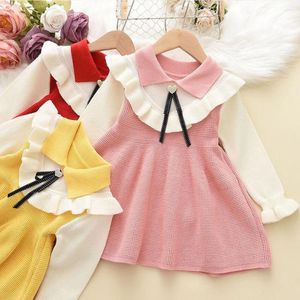 Robes de fille robe d'automne et d'hiver pour filles pull pour enfants version coréenne faux deux pièces couleur assortie poupée mignonne haut style nœud
