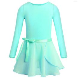 Meisje Jurken Meisjes Ballet Turnpakje Dancewear Lange Mouwen Dansles Jurk Gymnastiek Met Chiffon Gebonden Rok Set Ballerina Kleding