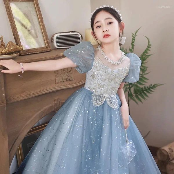 Robes d'anniversaire pour filles, robe de princesse en dentelle bleue à paillettes, motif floral, robe de mariée, de noël, pour enfants