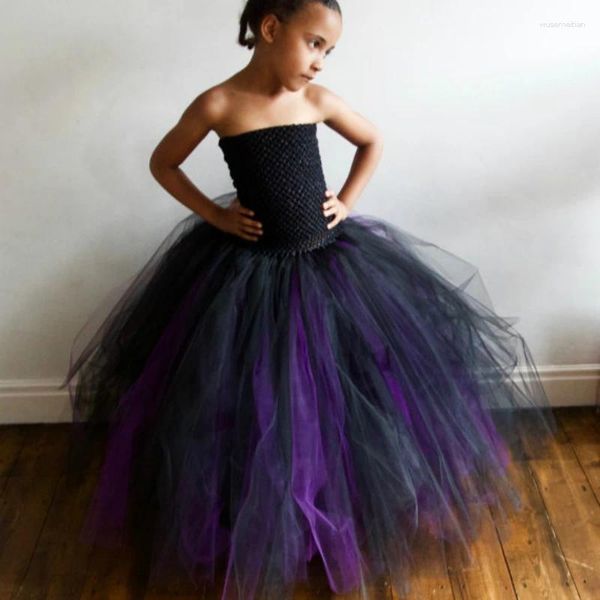 Fille robe filles noire violet tutu robe enfants crochet corset tulle longue robe de bal enfants halloween anniversaire fête costume dreeses