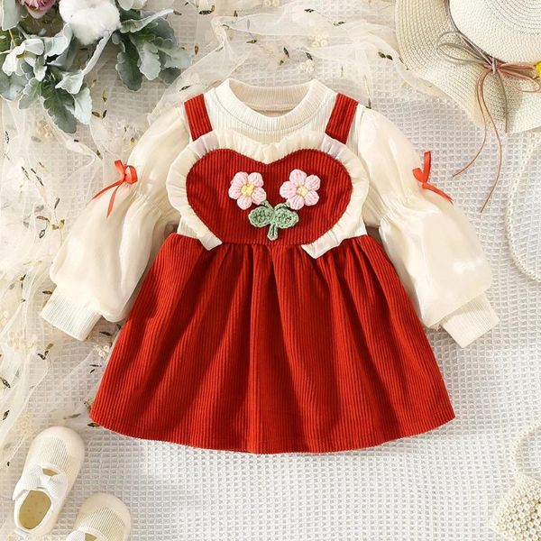 Girl Robes Girls's Bubble Sleeve Fake Two Piece Robe Child's Children's Canduroy Heart Splice petite fleur Round Neck Princess