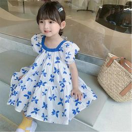 Girl Dresses Girls 'Bubble Sleeve Princess Dress 2024 Zomer Kinderslijtage Baby Vintage Flower Leuk 2-7y