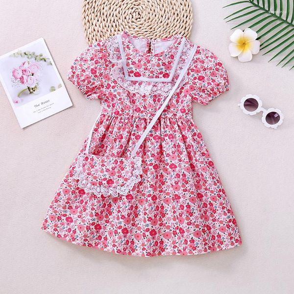 Fille Robes Filles Casual Robe À Manches Bouffantes Avec Dentelle Florale 2-6 Ans Mode D'été Rose Robe D'été Et Sac Courte Fête D'anniversaire Cadeau