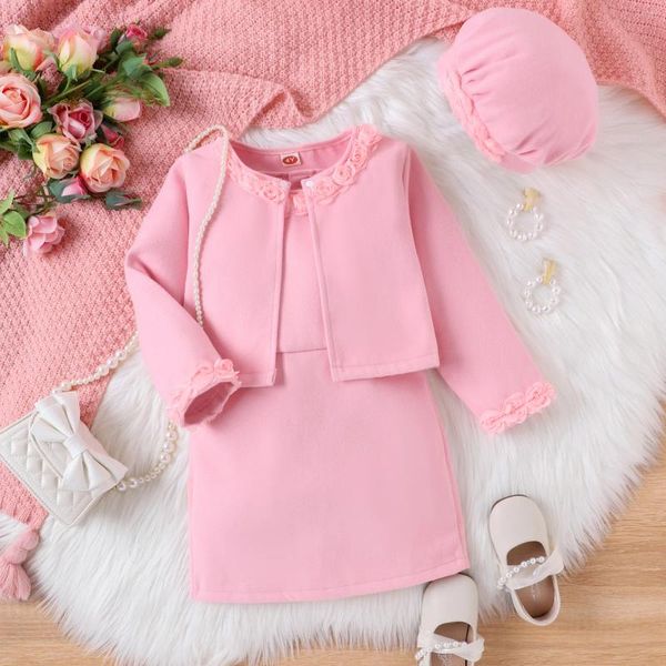 Filles robes filles vêtements robes petit vent parfumé rose fleur en laine en laine à manches longues chapeau princesse dîner