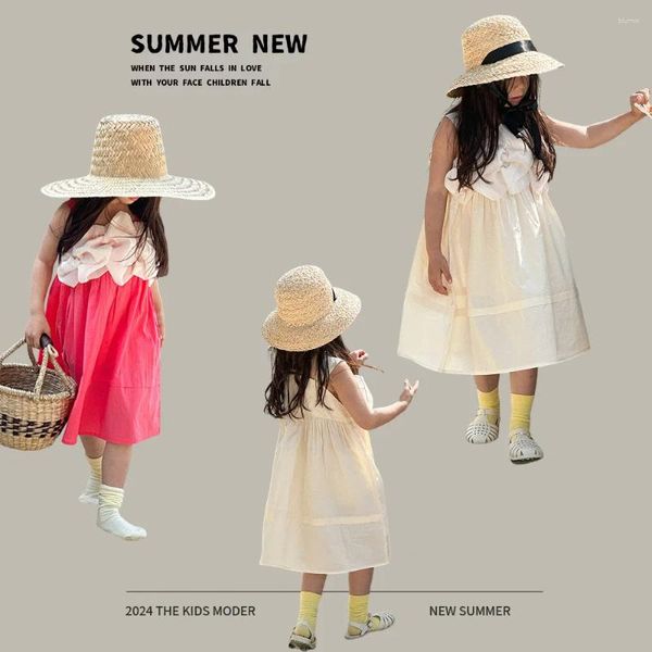 Vestidos de chicas ropa para niñas 2024 Summer estilo coreano moda dulce para niños de color sólido algodón de princesa