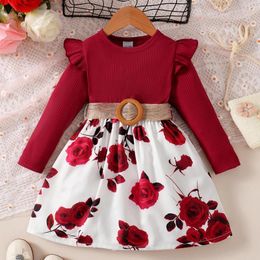 Vestidos para niñas, vestido para niñas, estilo otoño 2023, falda de princesa Floral de retazos occidentalizada, contraste de Color a la moda para niños