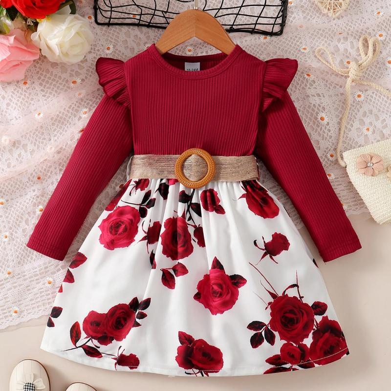 Girl Dresses Girls 'Dress 2023 Autumn Style Westernized Patchwork Floral Princess Kjol Fashion Color Contrast Children's