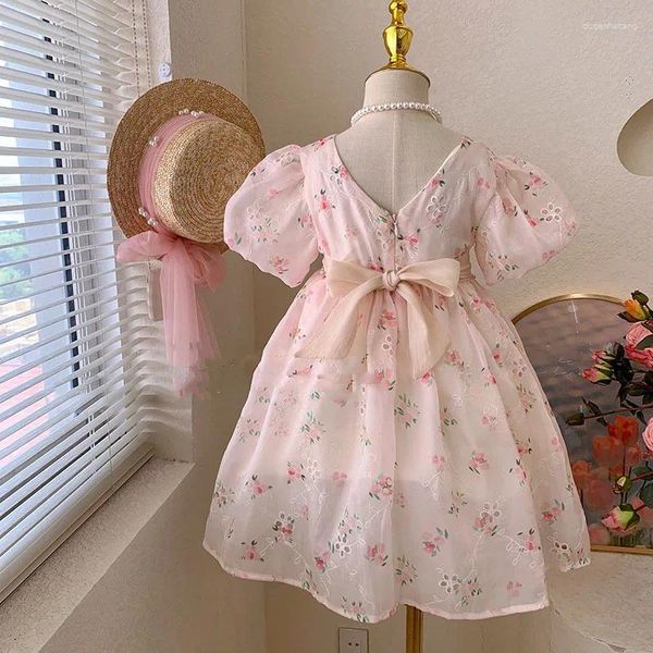 Vestidos de chicas Vestidos para niñas 2024 Summer 2-8 años Sweet Pink Floral Bow Princess Kids para