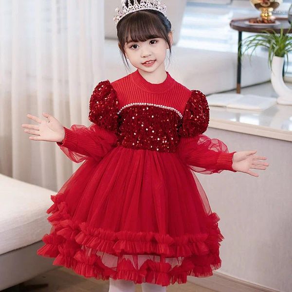 Vestidos para niñas, vestido para niñas, otoño/invierno, lentejuelas, manga larga, tejido para princesa, disfraces para niños, ropa de bebé