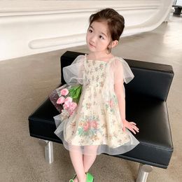 Abiti da ragazza Ragazze vestono garza di maglia Estate 2023 Versione coreana Principessa floreale Abiti per bambini adorabili e dolci al ginocchio per