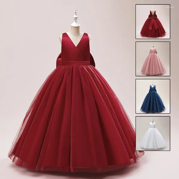 Robe longue en maille rose pour filles, tenue de soirée longue avec gros nœud, tenue de bal de princesse, sans manches, pour enfants, mariage, anniversaire