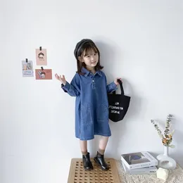 Robes de printemps et d'automne pour filles, en Denim, à manches longues, couleur unie, décontractées, poches amples, vêtements pour enfants en bas âge, Style coréen de 2 à 6 ans